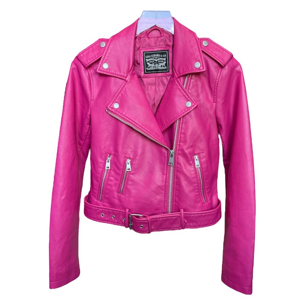 Levi’s Hot Pink Faux Leather Moto Biker Jacket Belted XS NWT - Picture 4 of 10